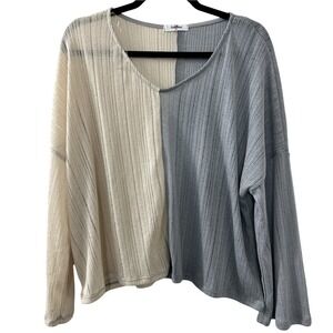 GeeGee Colorblock Pointelle Knit Top S Grey Cream Oversized Boho Minimalist